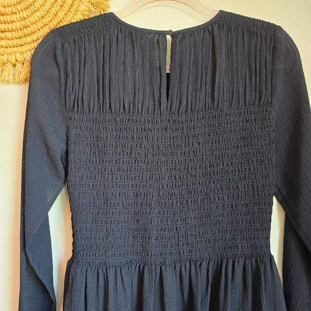 Club Monaco NEW Navy Blue Smocked Long Sleeve Babydoll Dress SZ 4 Minimalist - Picture 6 of 10